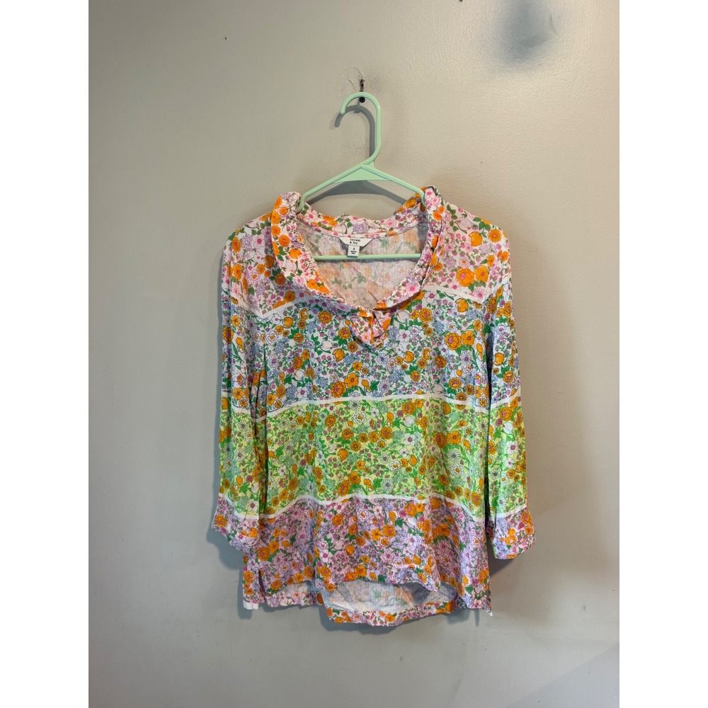Crown & Ivy Womens Floral Patchwork Stripe 3/4 Sleeve Blouse Multi-Color Small‎